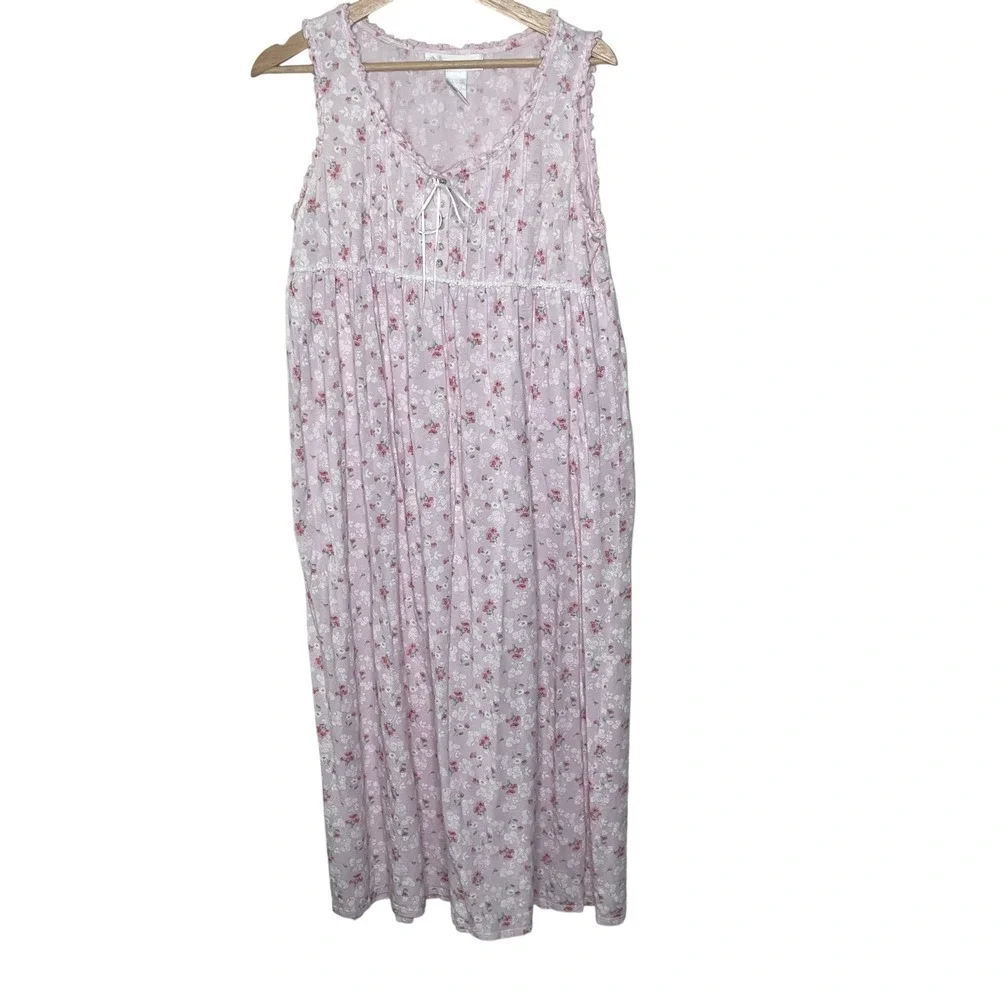 Eileen West Pink Floral Cotton Modal Sleeveless Nightgown Medium Ruffle Lace Tie